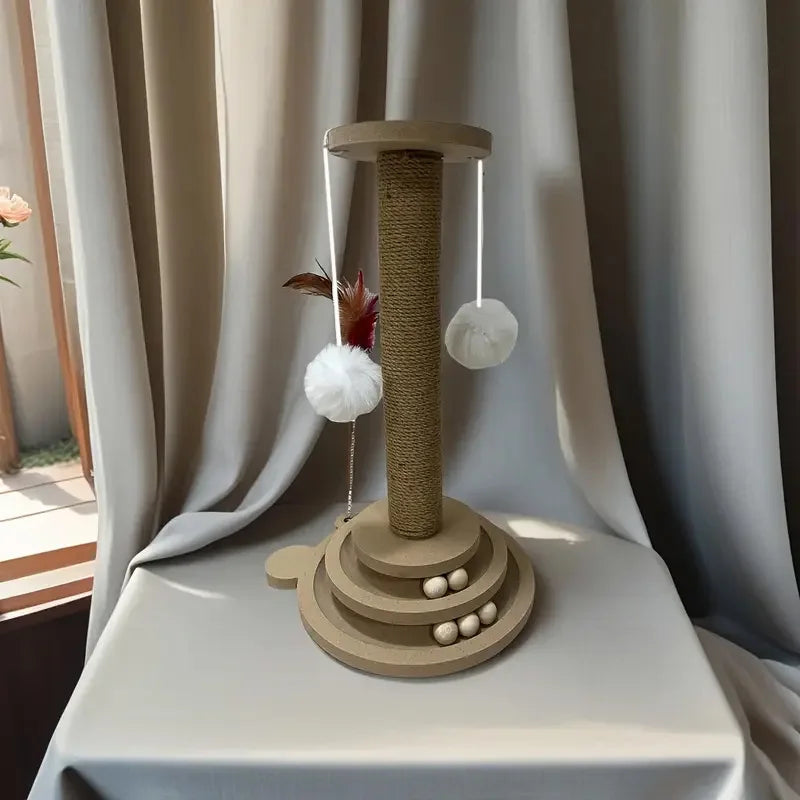 Juguete Interactivo para Gatos (Madera y Sisal) - Rascador, Plataforma Giratoria y Columna de Agarre Multifuncional