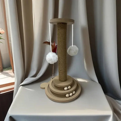 Juguete Interactivo para Gatos (Madera y Sisal) - Rascador, Plataforma Giratoria y Columna de Agarre Multifuncional