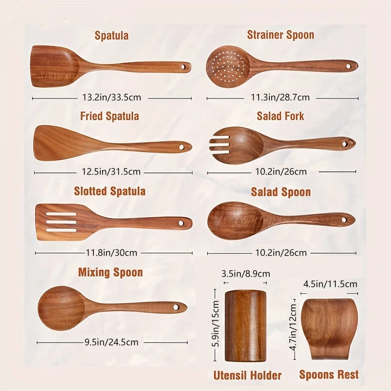 Set de 9 Utensilios de Cocina de Madera de Teca con Soporte - Cucharas y Espátulas Antiadherentes