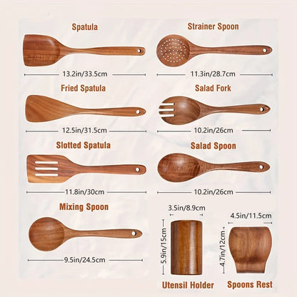 Set de 9 Utensilios de Cocina de Madera de Teca con Soporte - Cucharas y Espátulas Antiadherentes