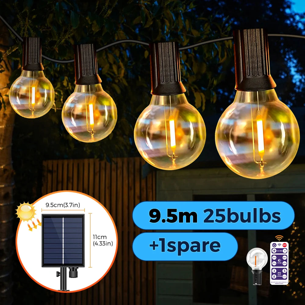 Guirnalda Solar de Luces G40 Mexllex para Exterior | 8 Modos, Control Remoto y Carga USB | Bombillas de Plástico Irrompibles e Impermeables para Jardín y Bodas
