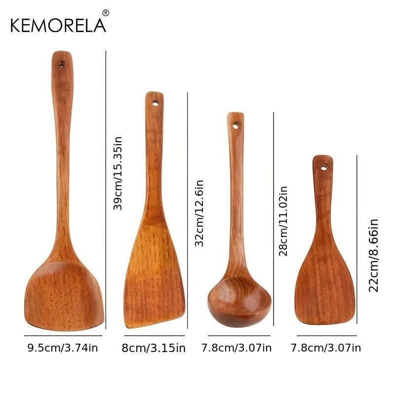 Set de 4 Utensilios de Cocina de Madera (KEMORELA) | Cucharas, Palas y Espátulas para Sartenes Antiadherentes (Herramientas Naturales)
