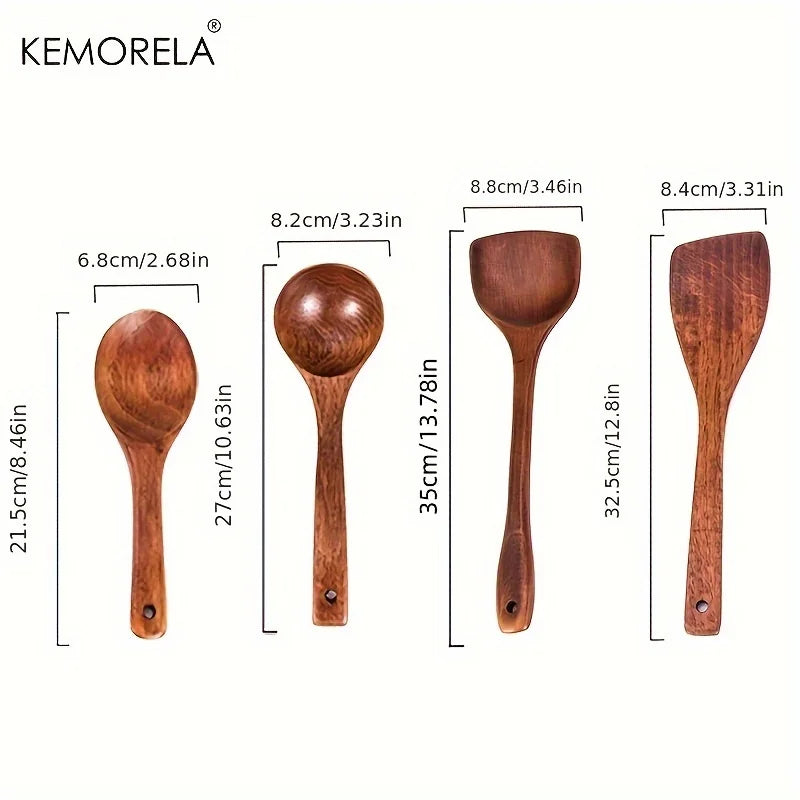 Set de 4 Utensilios de Cocina de Madera (KEMORELA) | Cucharas, Palas y Espátulas para Sartenes Antiadherentes (Herramientas Naturales)