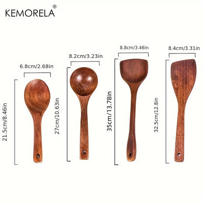 Set de 4 Utensilios de Cocina de Madera (KEMORELA) | Cucharas, Palas y Espátulas para Sartenes Antiadherentes (Herramientas Naturales)
