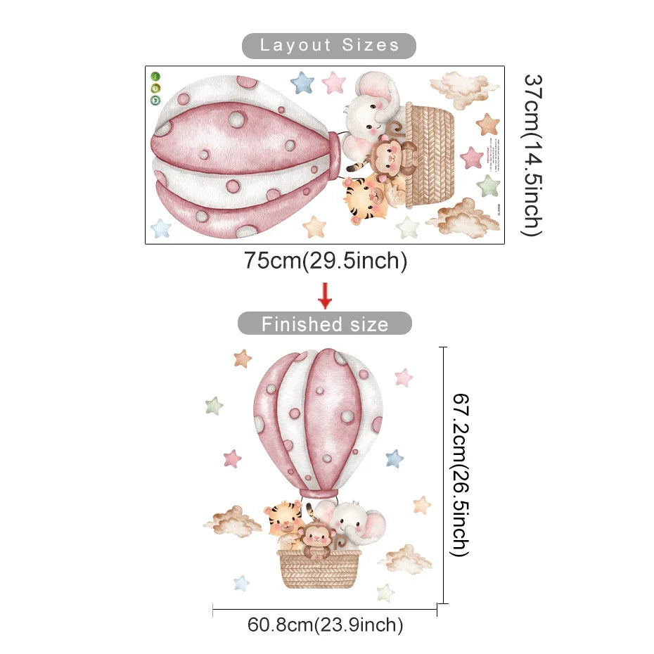 Pegatina de Pared de Vinilo Translúcido (Animales en Globo Aerostático) - Decoración Autoadhesiva y Ecológica para Habitaciones de Bebés y Niños