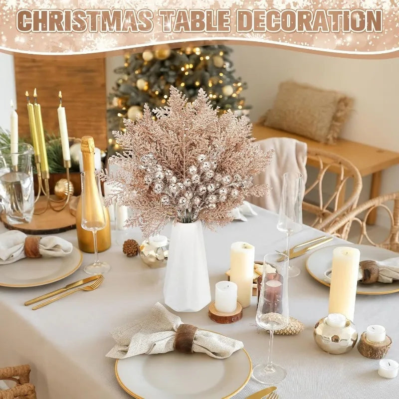 Set de 10 Bayas y Ramas Artificiales con Purpurina - Accesorios de Decoración Navideña DIY, Ramo Floral y Adornos para Árbol de Navidad