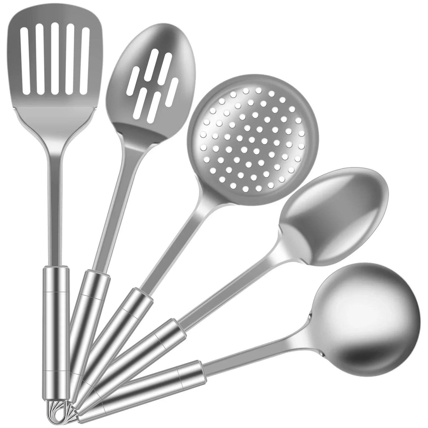 Set de 5 Utensilios de Cocina de Acero Inoxidable | Cucharas y Espátulas de Metal Resistente con Mango Ergonómico (Apto para Lavavajillas)