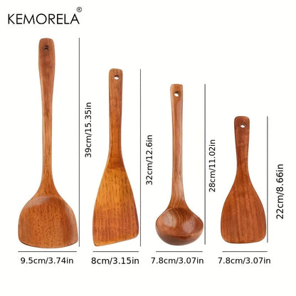 Set de 4 Utensilios de Cocina de Madera (KEMORELA) | Cucharas, Palas y Espátulas para Sartenes Antiadherentes (Herramientas Naturales)