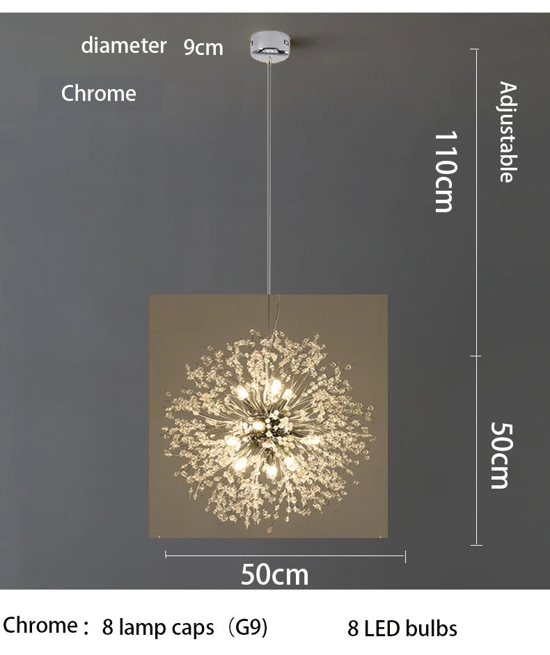 Lámpara Colgante LED Diente de León de Cristal | Chandelier Moderno Star Fireball para Salón y Comedor | Lámpara de Diseño Danés en Oro y Cromo