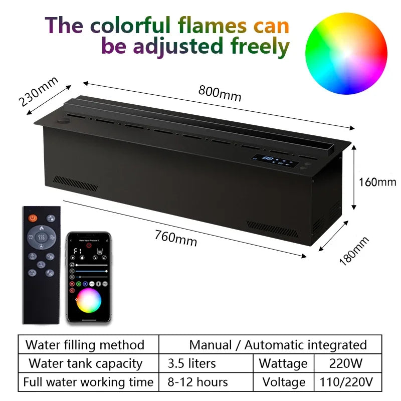 Chimenea Eléctrica 3D de Vapor de Agua con Control Tuya Smart | Fuego de Humo Frío LED Multicolor con App y Mando | Humidificador de Lujo para Salón