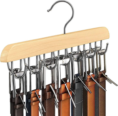 Percha Organizadora de Madera (Múltiples Ganchos) - Rack Elegante para Cinturones, Corbatas y Bufandas