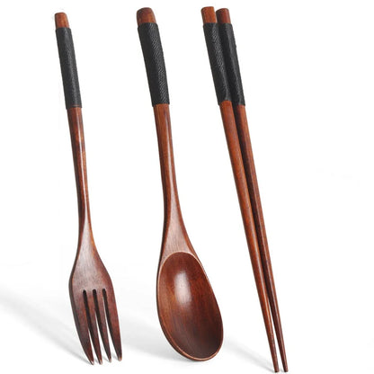 Set de Cubiertos Portátil (3 Piezas) - Tenedor, Cuchara y Palillos de Madera Natural Estilo Japonés