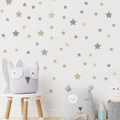 Set de 86 Adhesivos de Pared de Estrellas (Gris y Caqui) - Vinilo Removible para Guardería