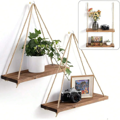 Estante Colgante de Madera con Cuerda de Cáñamo | Repisa Flotante Estilo Boho para Plantas, Macetas y Fotos | Decoración de Pared 35x14cm