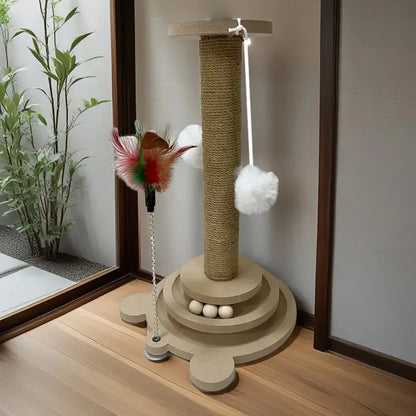 Juguete Interactivo para Gatos (Madera y Sisal) - Rascador, Plataforma Giratoria y Columna de Agarre Multifuncional