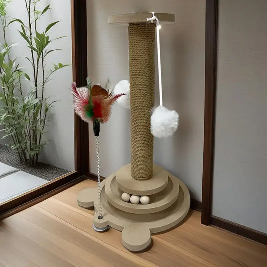 Juguete Interactivo para Gatos (Madera y Sisal) - Rascador, Plataforma Giratoria y Columna de Agarre Multifuncional