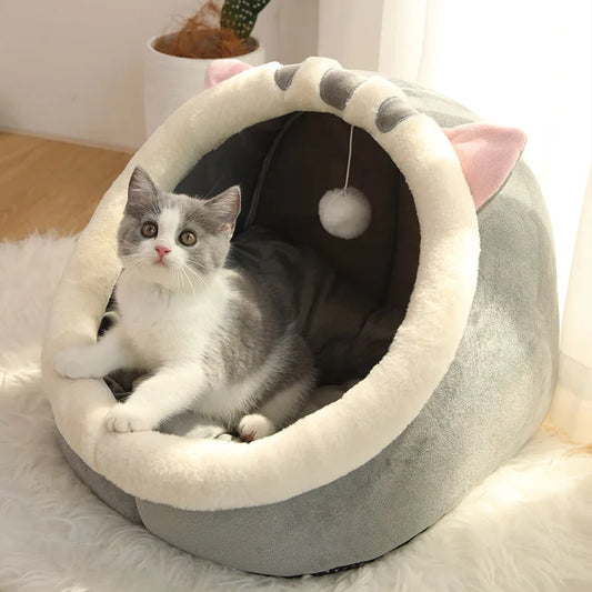 Cama Cueva Plegable para Gatos con Orejas (Nido Semi-Cerrado y Lavable)
