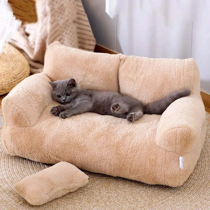 Sofá Cama Acolchado de Felpa para Mascotas - Cama con Respaldo Grueso, Almohada Integrada y Base Antideslizante para Gatos y Perros Pequeños