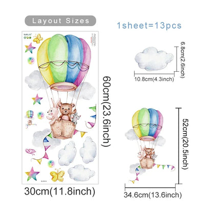 Pegatina de Pared de Vinilo Translúcido (Animales en Globo Aerostático) - Decoración Autoadhesiva y Ecológica para Habitaciones de Bebés y Niños