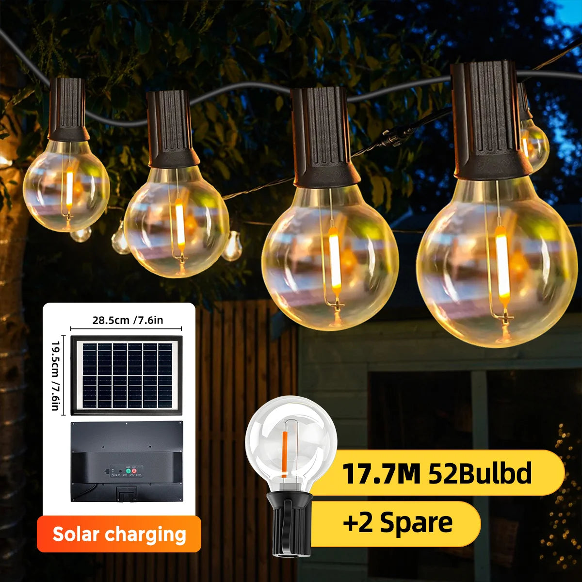 Guirnalda Solar de Luces G40 Mexllex para Exterior | 8 Modos, Control Remoto y Carga USB | Bombillas de Plástico Irrompibles e Impermeables para Jardín y Bodas
