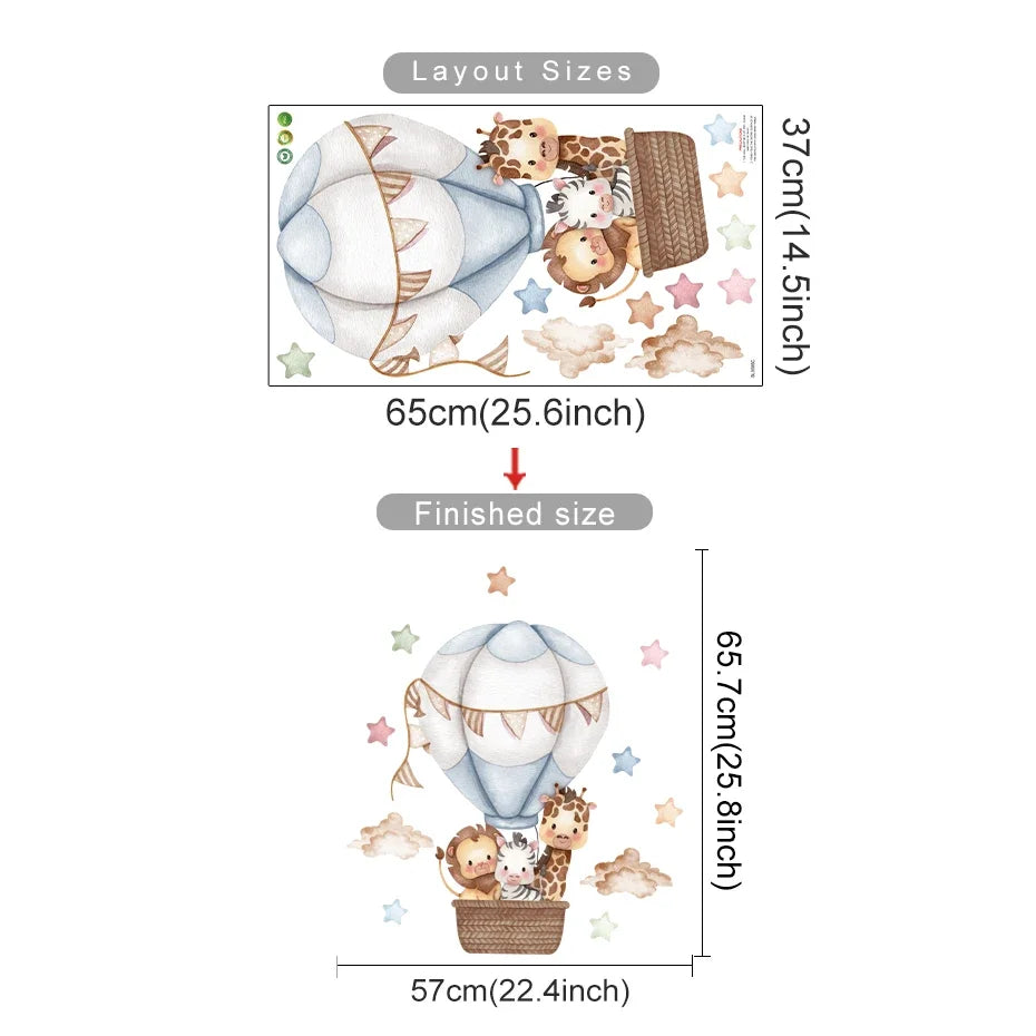 Pegatina de Pared de Vinilo Translúcido (Animales en Globo Aerostático) - Decoración Autoadhesiva y Ecológica para Habitaciones de Bebés y Niños