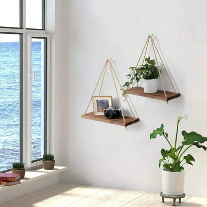 Estante Colgante de Madera con Cuerda de Cáñamo | Repisa Flotante Estilo Boho para Plantas, Macetas y Fotos | Decoración de Pared 35x14cm
