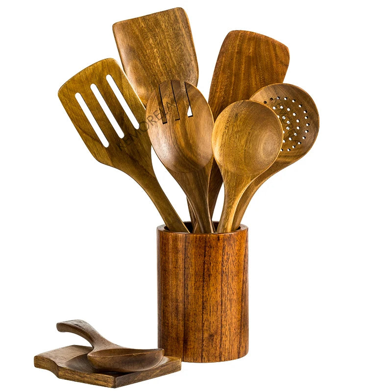 Set de 9 Utensilios de Cocina de Madera de Teca con Soporte - Cucharas y Espátulas Antiadherentes