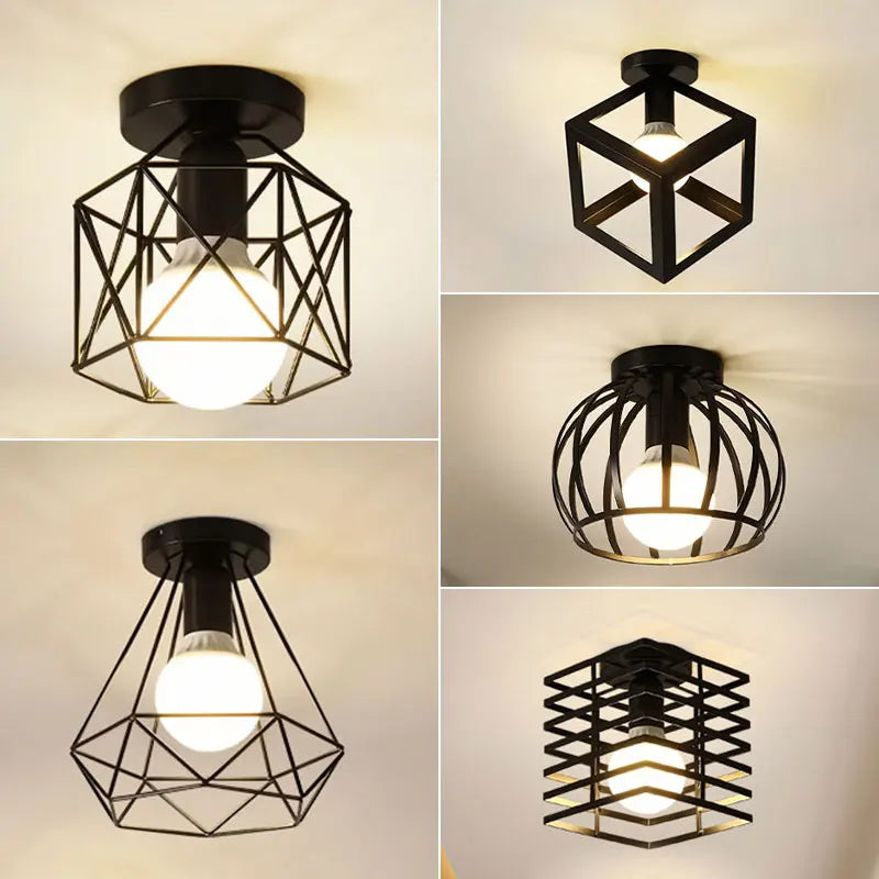 Lámpara de Techo Vintage de Jaula (Metal Negro) - Chandelier Industrial E27 para Pasillos, Foyer y Recibidores