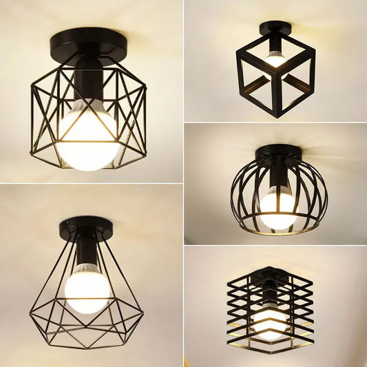 Lámpara de Techo Vintage de Jaula (Metal Negro) - Chandelier Industrial E27 para Pasillos, Foyer y Recibidores