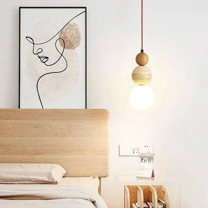 Lámpara Colgante Cream Style de Diseño Bauhaus | Chandelier LED de Piedra y Madera para Dormitorio y Mesita de Noche | Lámpara Nórdica Medieval para Bar y Restaurante