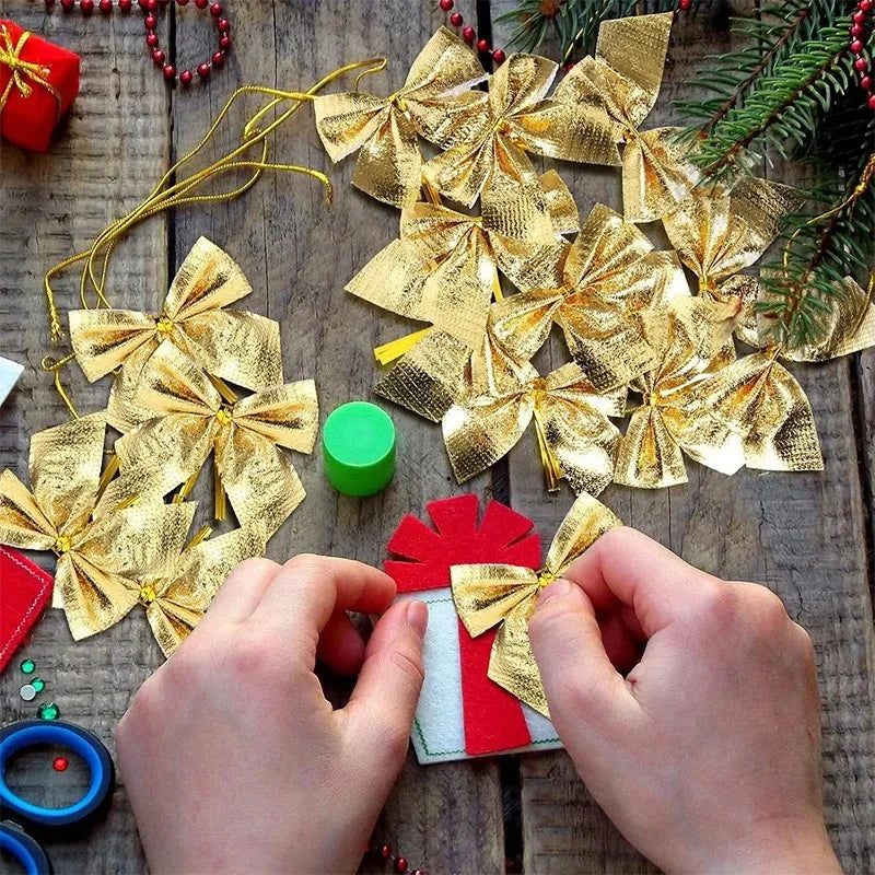 Set de Mini Lazos Navideños (Rojo y Dorado) - Paquete de 12/24/36 unidades, Adornos para Árbol de Navidad, Regalos DIY y Decoración de Fiestas