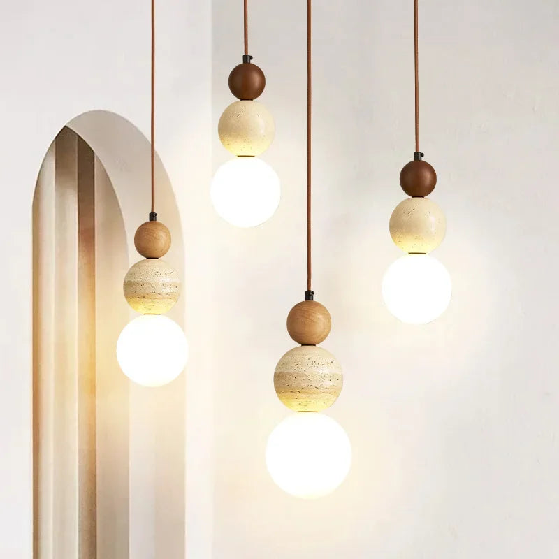 Lámpara Colgante Cream Style de Diseño Bauhaus | Chandelier LED de Piedra y Madera para Dormitorio y Mesita de Noche | Lámpara Nórdica Medieval para Bar y Restaurante