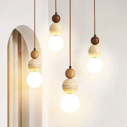 Lámpara Colgante Cream Style de Diseño Bauhaus | Chandelier LED de Piedra y Madera para Dormitorio y Mesita de Noche | Lámpara Nórdica Medieval para Bar y Restaurante