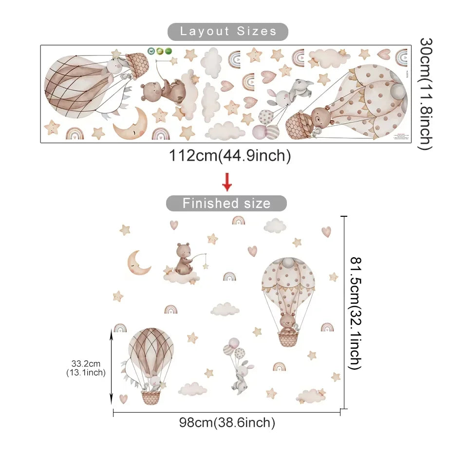 Pegatina de Pared de Vinilo Translúcido (Animales en Globo Aerostático) - Decoración Autoadhesiva y Ecológica para Habitaciones de Bebés y Niños