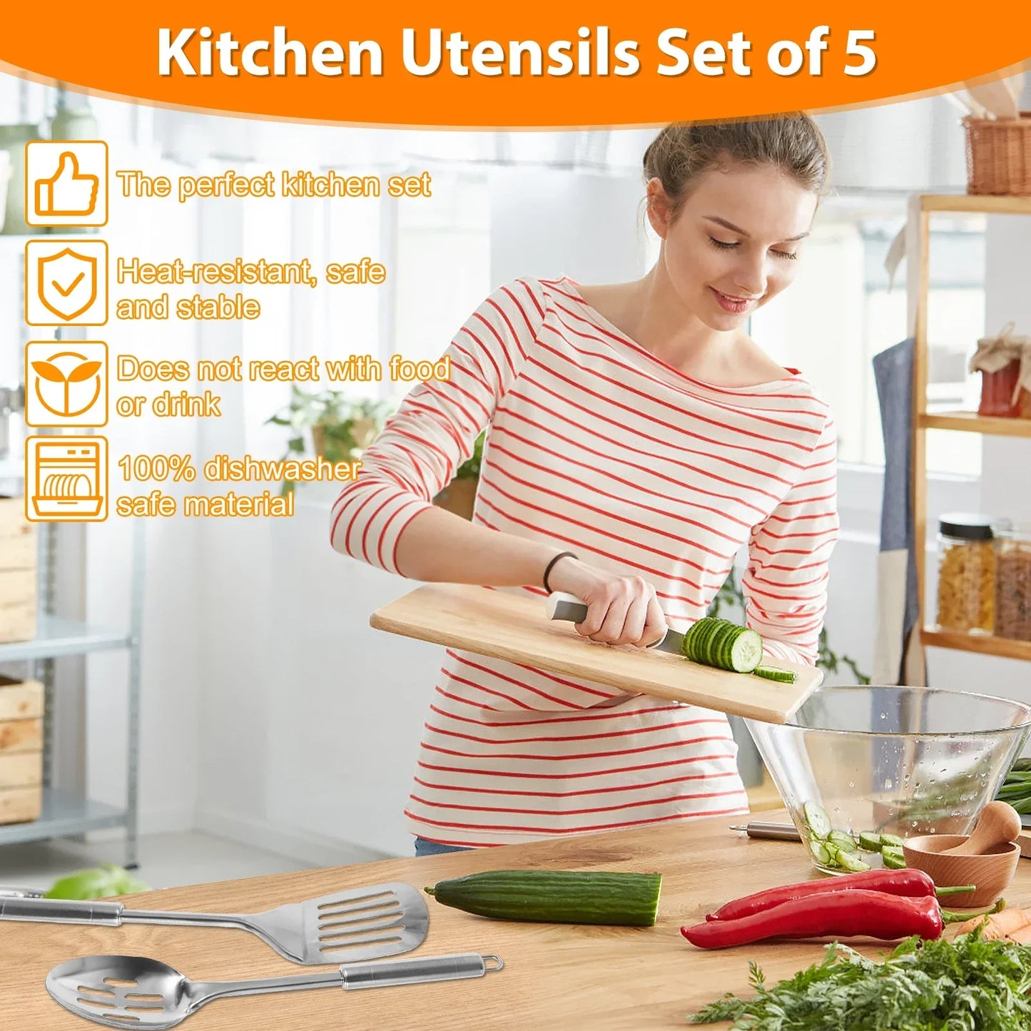 Set de 5 Utensilios de Cocina de Acero Inoxidable | Cucharas y Espátulas de Metal Resistente con Mango Ergonómico (Apto para Lavavajillas)