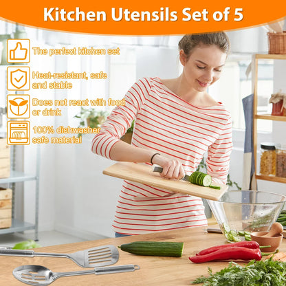 Set de 5 Utensilios de Cocina de Acero Inoxidable | Cucharas y Espátulas de Metal Resistente con Mango Ergonómico (Apto para Lavavajillas)