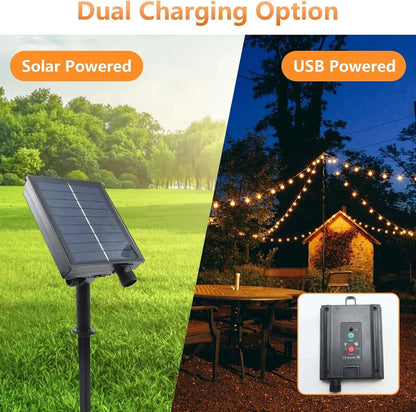 Guirnalda Solar de Luces G40 Mexllex para Exterior | 8 Modos, Control Remoto y Carga USB | Bombillas de Plástico Irrompibles e Impermeables para Jardín y Bodas