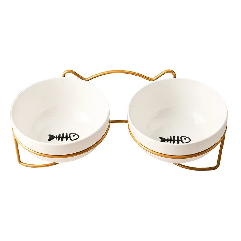 Set de Cuenco de Cerámica Elevado (500 ml) con Soporte Metálico para Gatos y Cachorros