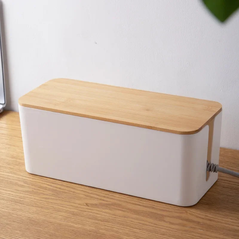 Caja Organizadora de Cables (Diseño Simple y Creativo) - Tapa de Madera de Bambú para Regletas y Cargadores