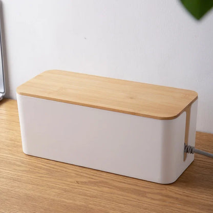 Caja Organizadora de Cables (Diseño Simple y Creativo) - Tapa de Madera de Bambú para Regletas y Cargadores