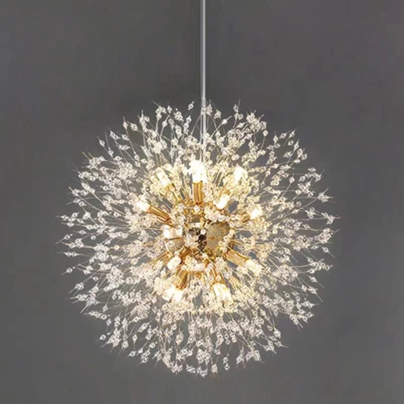 Lámpara Colgante LED Diente de León de Cristal | Chandelier Moderno Star Fireball para Salón y Comedor | Lámpara de Diseño Danés en Oro y Cromo