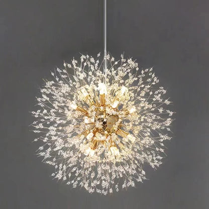 Lámpara Colgante LED Diente de León de Cristal | Chandelier Moderno Star Fireball para Salón y Comedor | Lámpara de Diseño Danés en Oro y Cromo