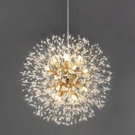 Lámpara Colgante LED Diente de León de Cristal | Chandelier Moderno Star Fireball para Salón y Comedor | Lámpara de Diseño Danés en Oro y Cromo