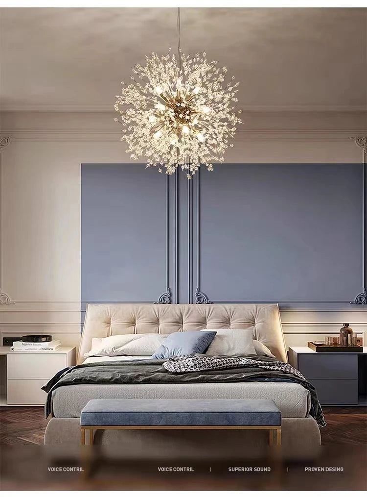 Lámpara Colgante LED Diente de León de Cristal | Chandelier Moderno Star Fireball para Salón y Comedor | Lámpara de Diseño Danés en Oro y Cromo