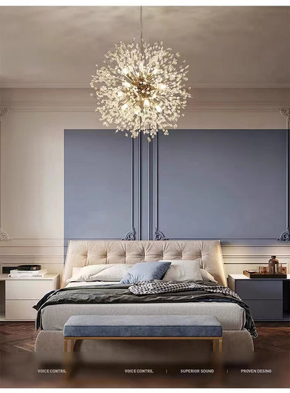 Lámpara Colgante LED Diente de León de Cristal | Chandelier Moderno Star Fireball para Salón y Comedor | Lámpara de Diseño Danés en Oro y Cromo