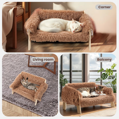 Sofá Cama Elevado de Lujo para Gatos y Perros Pequeños (Patas de Madera, Felpa Lavable)