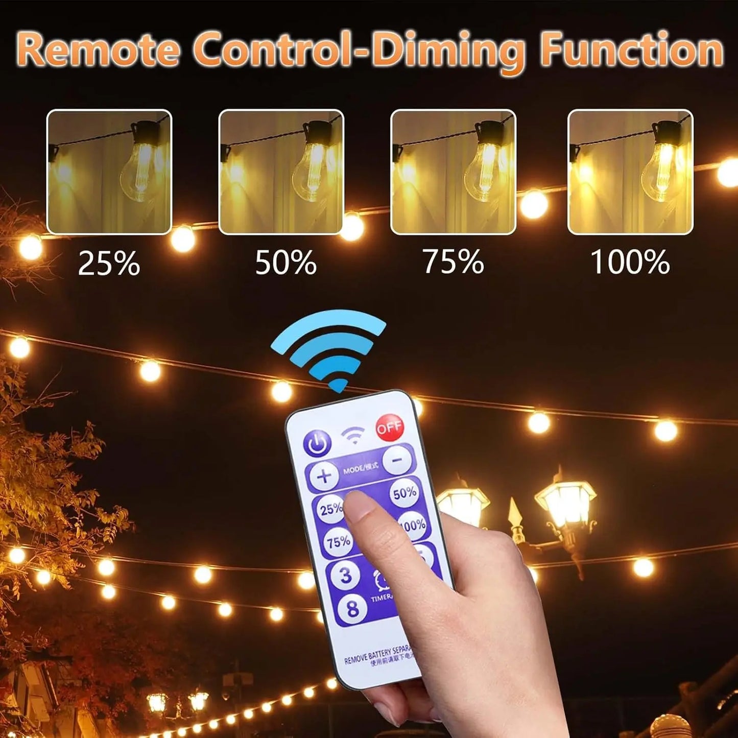 Guirnalda Solar de Luces G40 Mexllex para Exterior | 8 Modos, Control Remoto y Carga USB | Bombillas de Plástico Irrompibles e Impermeables para Jardín y Bodas