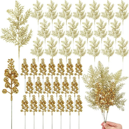 Set de 10 Bayas y Ramas Artificiales con Purpurina - Accesorios de Decoración Navideña DIY, Ramo Floral y Adornos para Árbol de Navidad