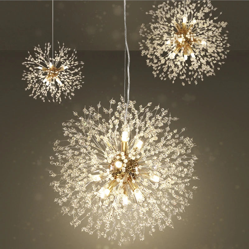 Lámpara Colgante LED Diente de León de Cristal | Chandelier Moderno Star Fireball para Salón y Comedor | Lámpara de Diseño Danés en Oro y Cromo