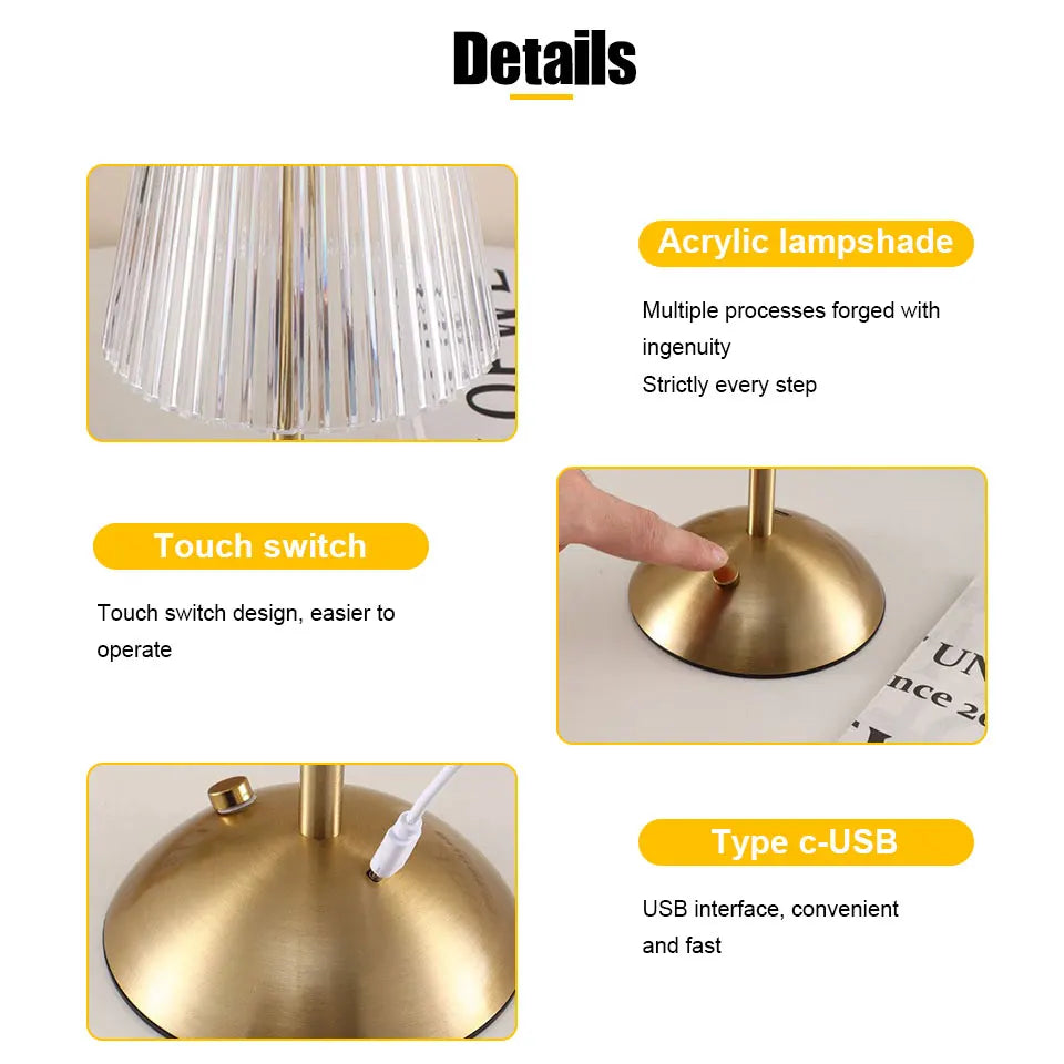 Lámpara de Mesa LED Táctil Estilo Nórdico - Luz de Noche Inalámbrica Recargable con 3 Tonos y Brillo Regulable